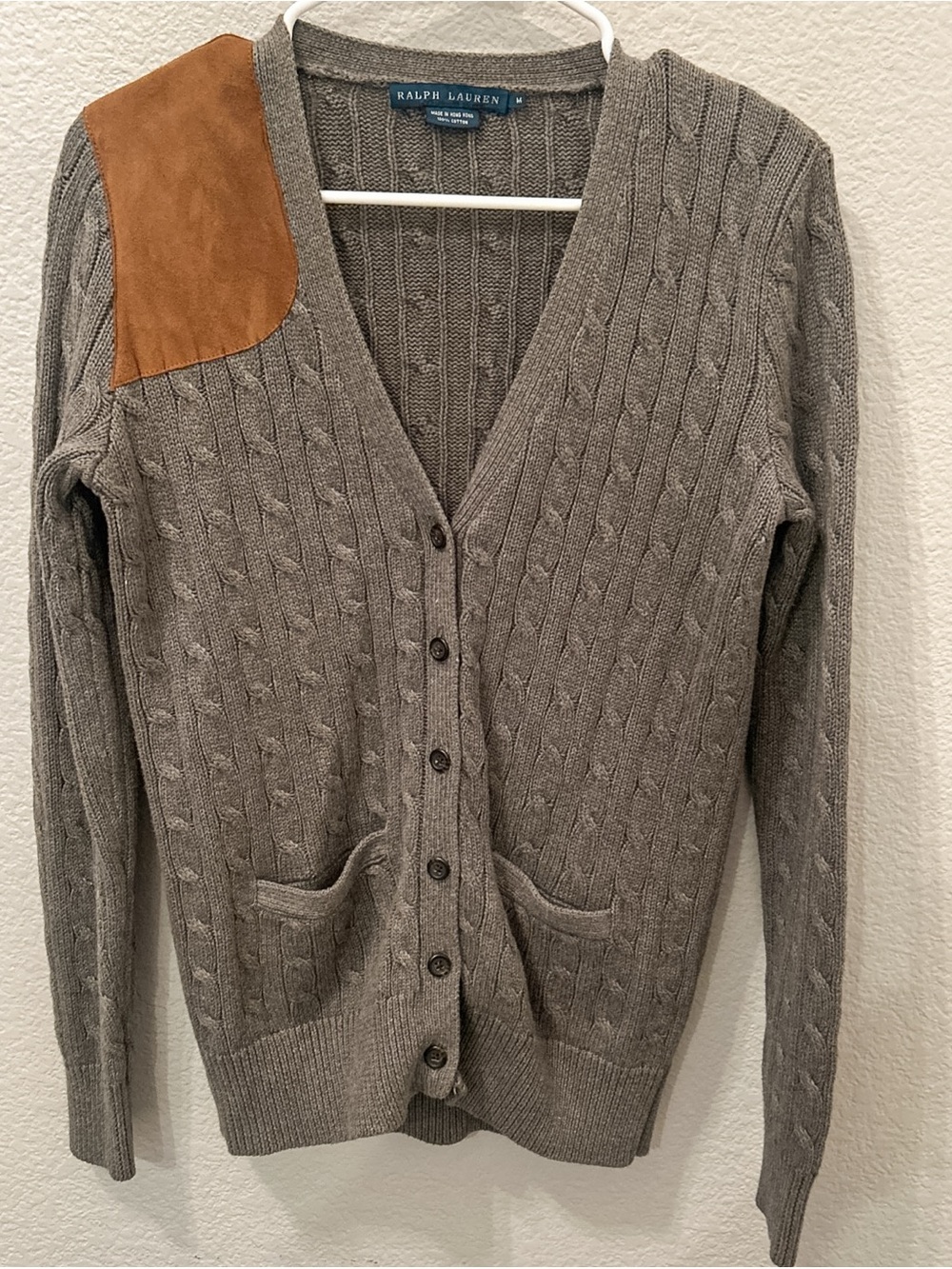 Ralph Lauren Gray Cable Knit Cardigan Cotton Sweater M Grandpacore Leather Patch